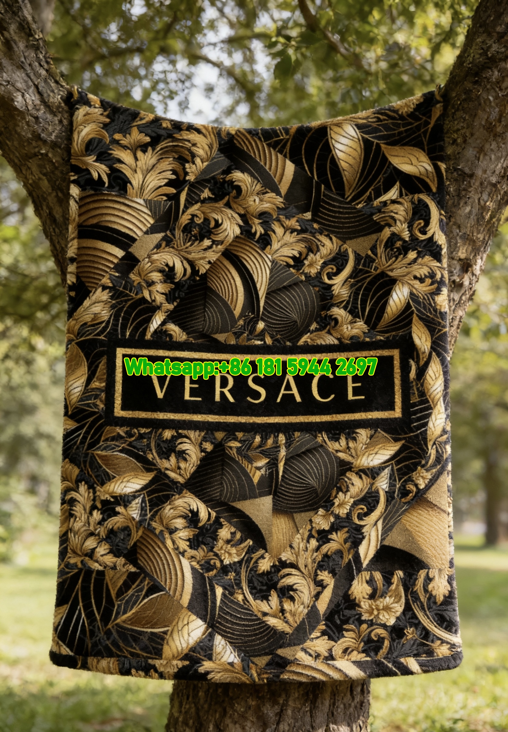 Versace Black Gold Baroque Ornate Print Flannel Sofa Throw Blanket IMG_1658